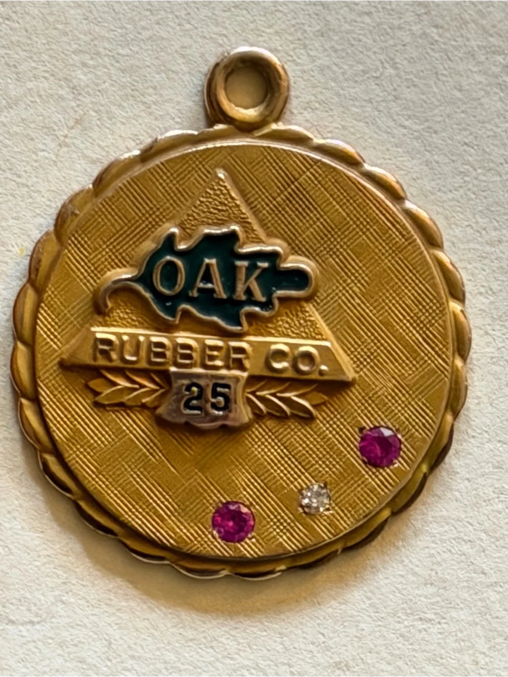 VTG Oak Rubber Co. Gold Award Pendant w/ Diamond & Rubies 5.2g 1/5 10kt Gold